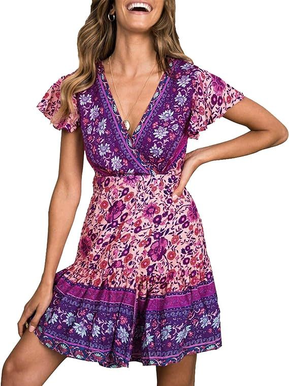 ZESICA Women's 2023 Summer Wrap V Neck Bohemian Floral Print Ruffle Swing A Line Beach Mini Dress | Amazon (US)