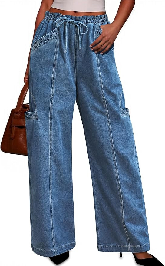 Wide Leg Jeans Woman Pull On Ruffle Elastic Waist Drawstring High Waisted Y2K Baggy Denim Pants w... | Amazon (US)