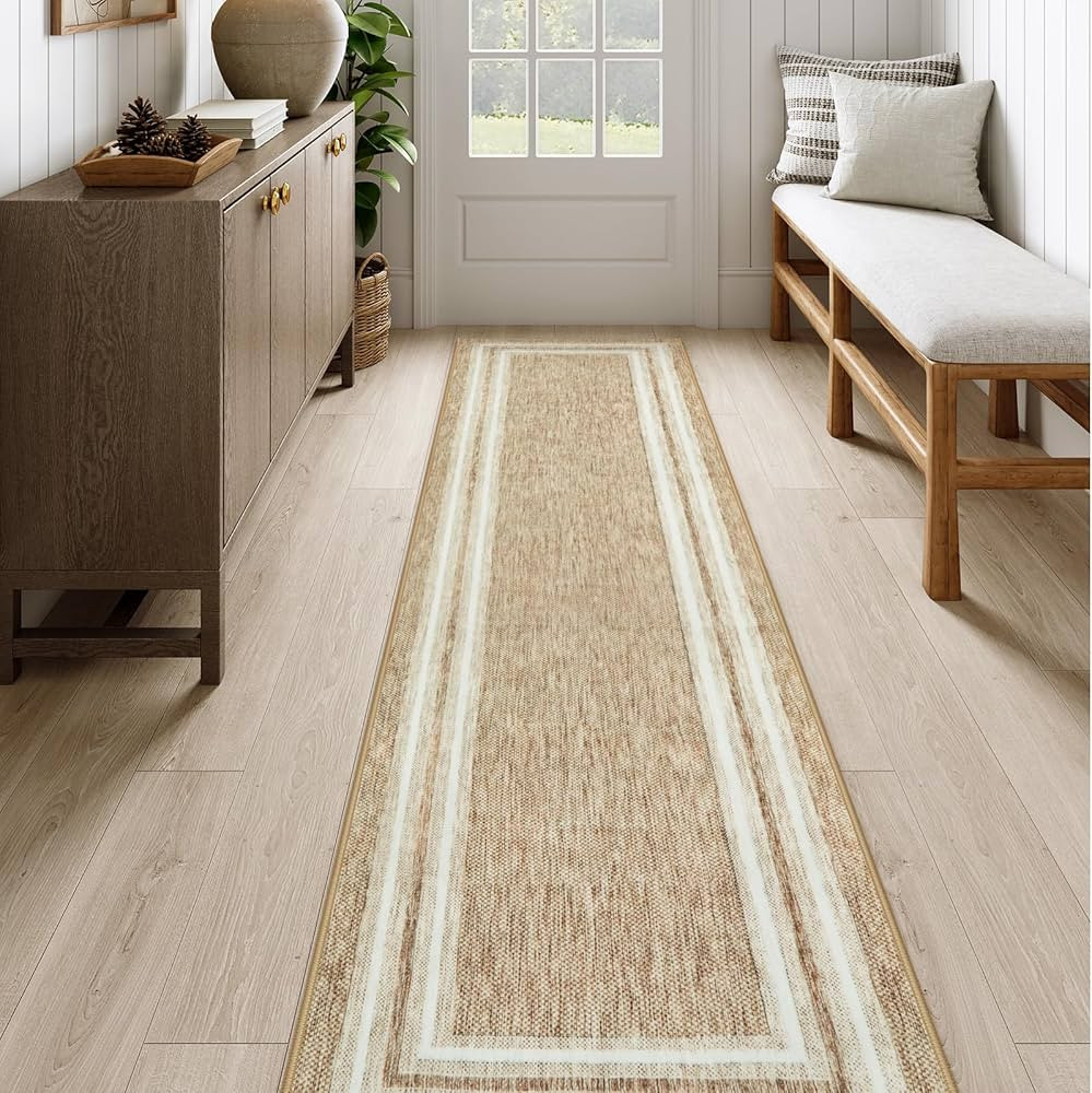 OJIA Modern Bordered Washable Runners for Hallways 2'X8' Kitchen Runner Rug Non Slip, Beige Bathr... | Amazon (US)