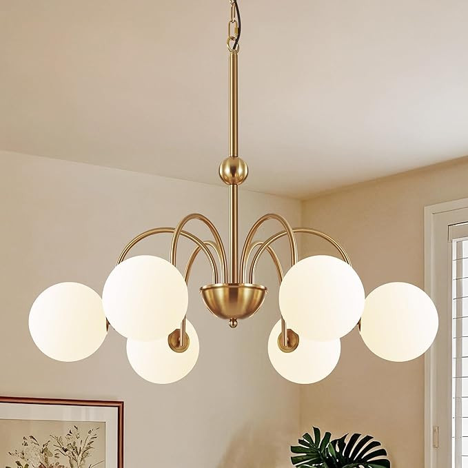 Vintage Brushed Gold Chandeliers for Dining Room Light Fixture, 6-Light Mid Century Milk Glass Gl... | Amazon (US)