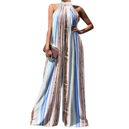 ZANZEA Women Turtleneck Sleeveless Striped Jumpsuit Wide Leg Pants | Walmart (US)