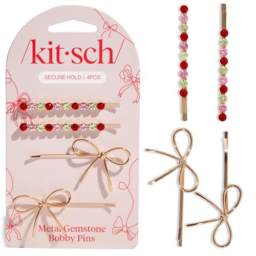 Kitsch Metal Bow & Gemstone Bobby Pins for Women - 4pcs | Amazon (US)