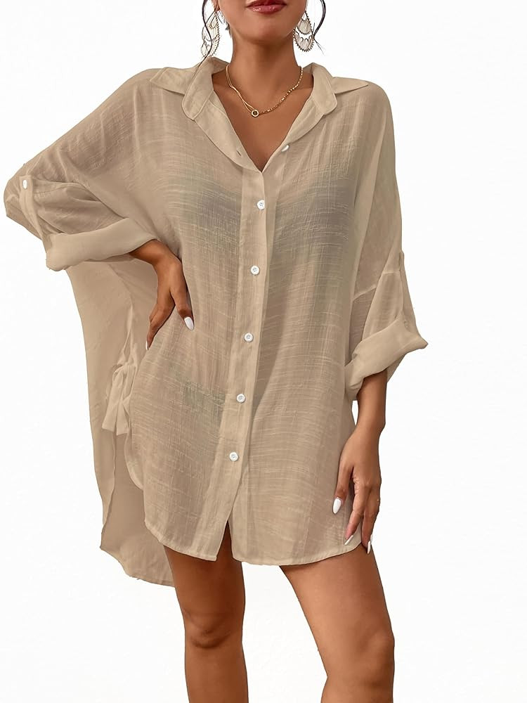 Bsubseach Linen Bathing Suit Cover Up Shirt Women Button Down Beach Cover Ups Split Tie Swimsuit ... | Amazon (US)