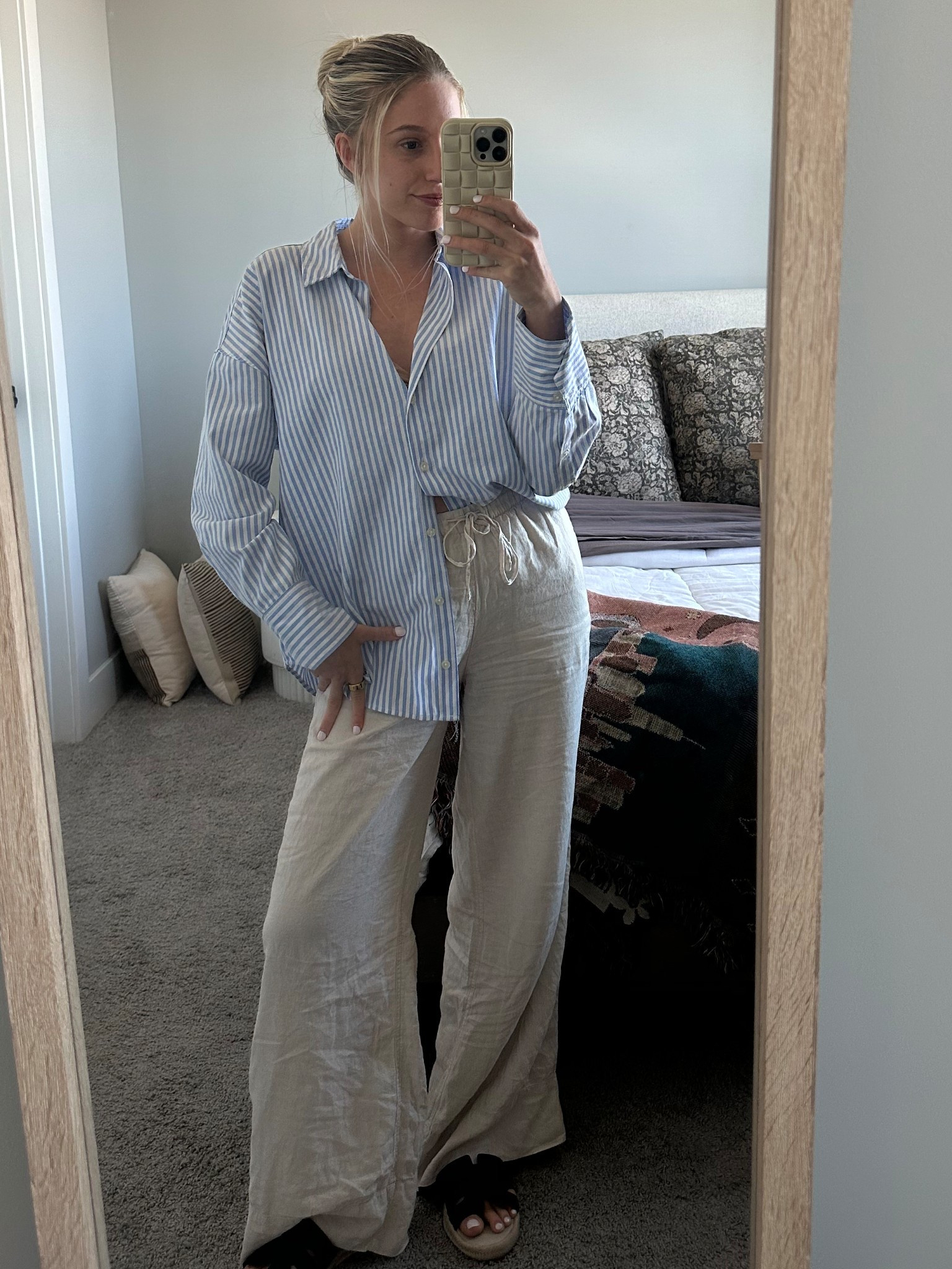 Spring capsule wardrobe ideas — striped button down and linen pants. 

#LTKPetite #LTKSeasonal #LTKFindsUnder100