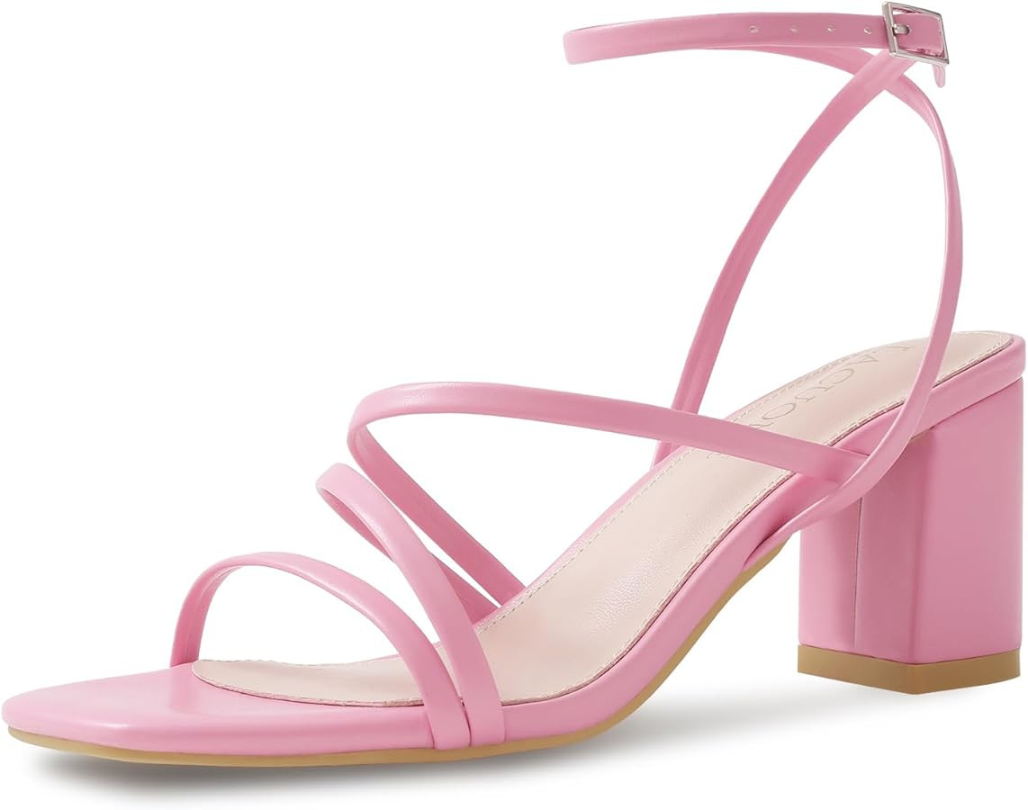 LACUONE Strappy Heels for women Block Heels Square Toe Chunky Ankle Buckle Pump Heeled Sandals | Amazon (US)