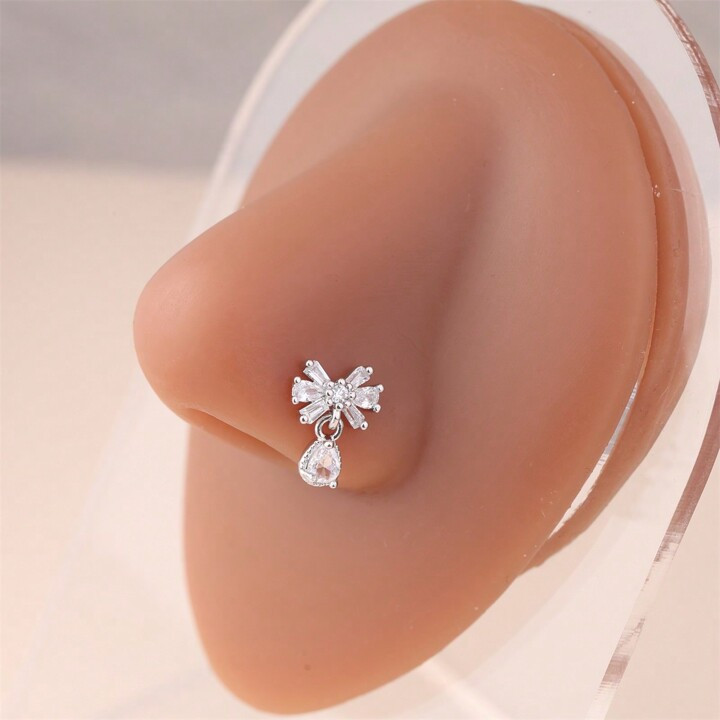 1Pc L Shape Dangling Nose Stud Shiny White CZ Nose Piercing Jewelry For Women Girl Men | SHEIN