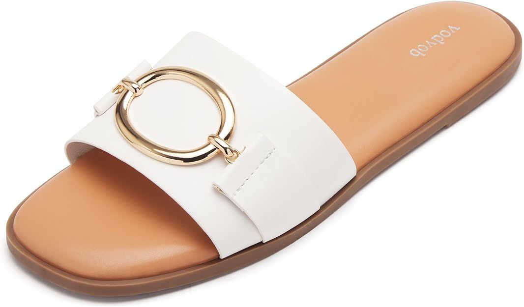 vodvob Women's Flat Sandals Fashion Square Open Toe Metal Chain Summer Dressy Sandals Slip On Cas... | Amazon (US)