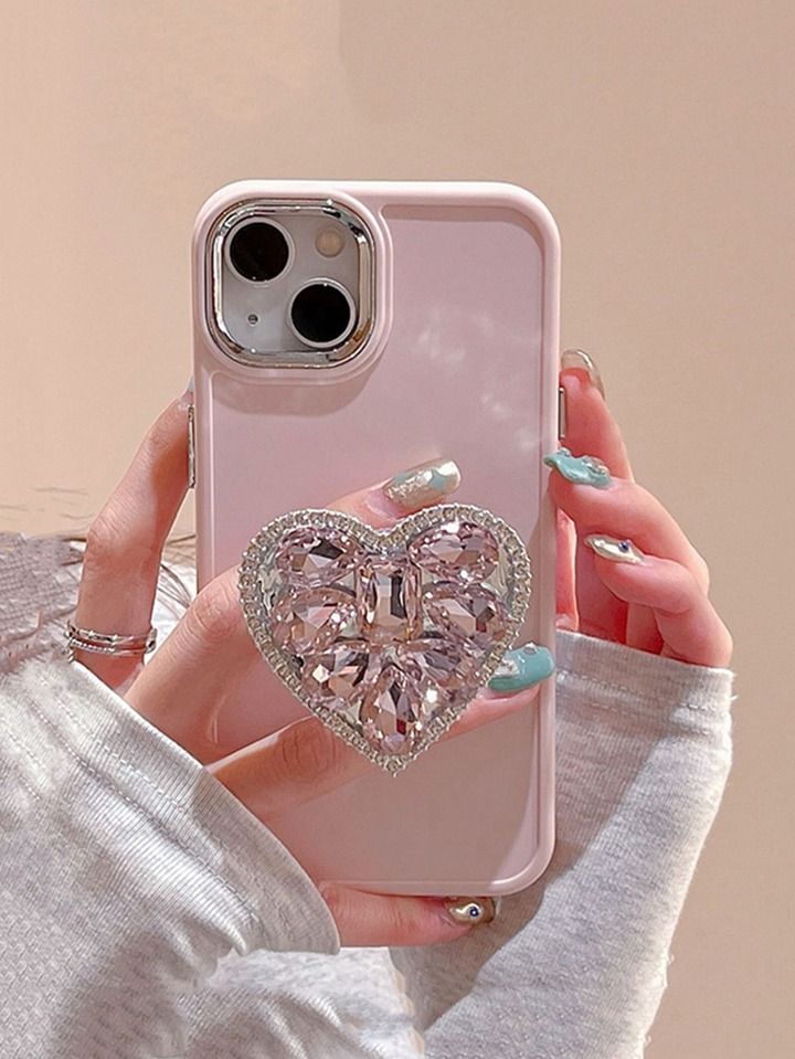 Diamond & Rhinestone Decor Love Shape Bracket Metal Ring Lens Phone Case For Iphone 15pro Max 14 ... | SHEIN