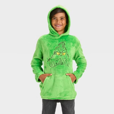 Boys' The Grinch Woobie Hooded Fleece Pullover Sweater - Green XL | Target