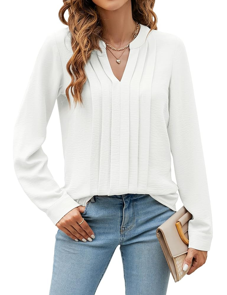 Blooming Jelly Women's Dressy Casual Blouses Business Work Tops Long Sleeve V Neck Pleated Shirts... | Amazon (US)