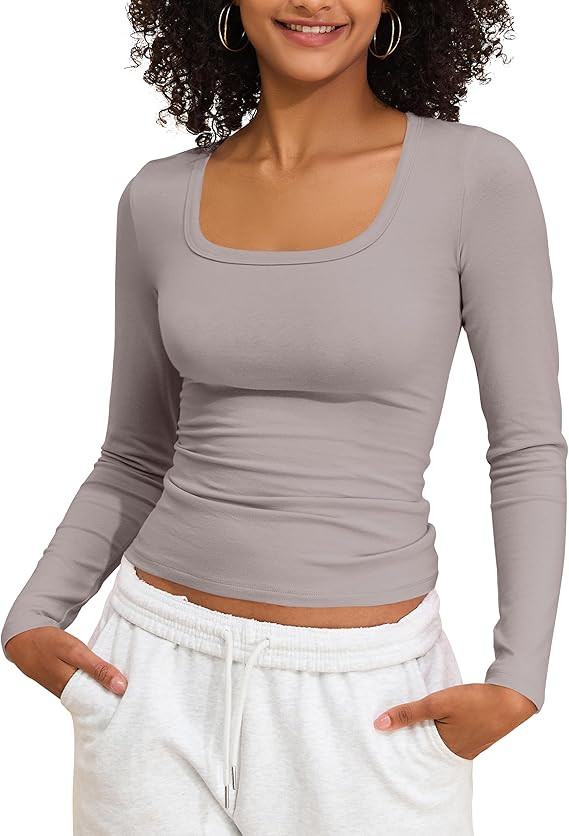 PrettyGuide Womens Long Sleeve Shirts Cotton Jersey Square Neck Going Out Tops Slim Fit Fall Casu... | Amazon (US)