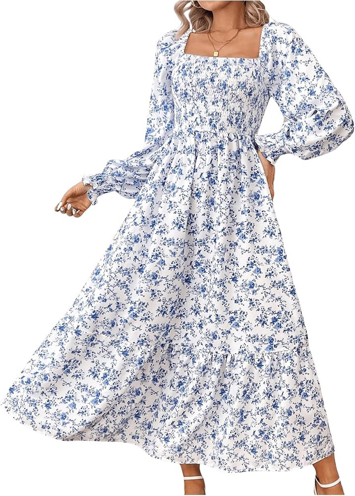 MakeMeChic Women's Floral Lantern Long Sleeve Dress Square Neck Ruffle Hem Dresses Shirred A Line... | Amazon (US)