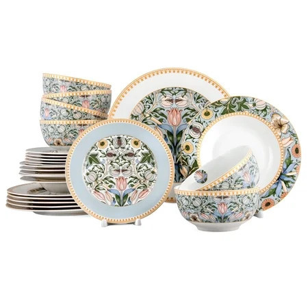 STP GOODS Morris Garden Bone China Dinnerware Set of 24 Service for 6 in Gift Box 24-Piece Dish Set of Plates and Bowls, Blue Gold White | Walmart (US)