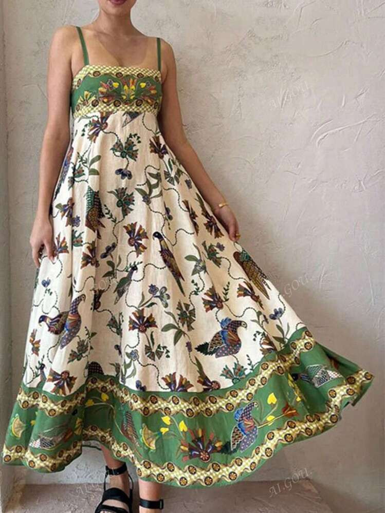 Women's Summer All-Over Print Suspender Dress, Spring/Summer, Vacation, Sleeveless, Bohemian | SHEIN