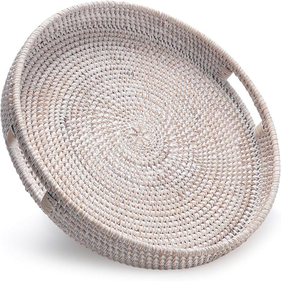 13.8 inch Round Rattan Tray, Decorative Coffee Table Tray, Ottoman Tray, Woven Serving Tray with ... | Amazon (US)
