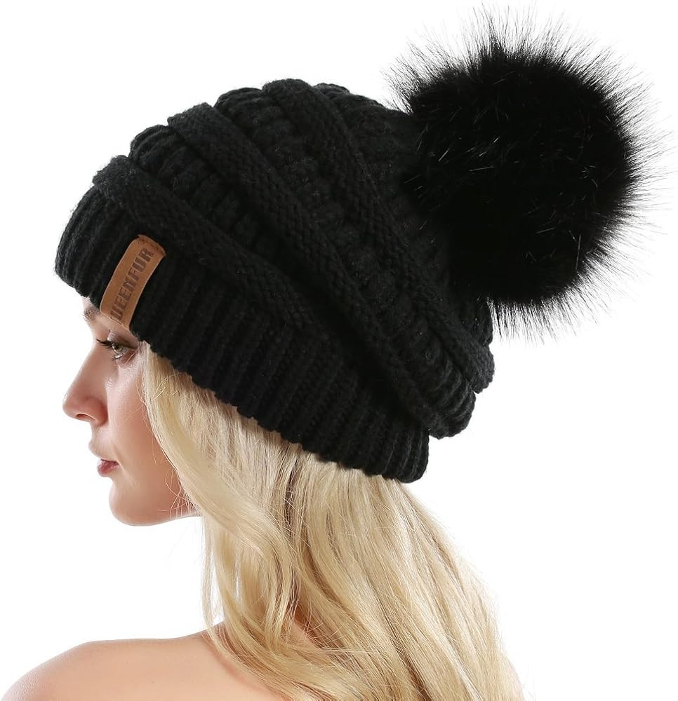 QUEENFUR Women Knit Slouchy Beanie Chunky Baggy Hat with Faux Fur Pompom Winter Soft Warm Ski Cap | Amazon (US)