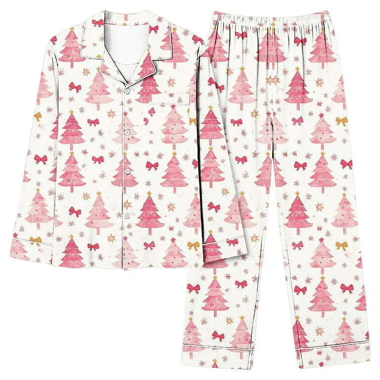 Tnhcen Women's Christmas Pajama Set Pink Bow Print Pajamas Long Sleeve Pajamas for Women 2-Piece ... | Walmart (US)