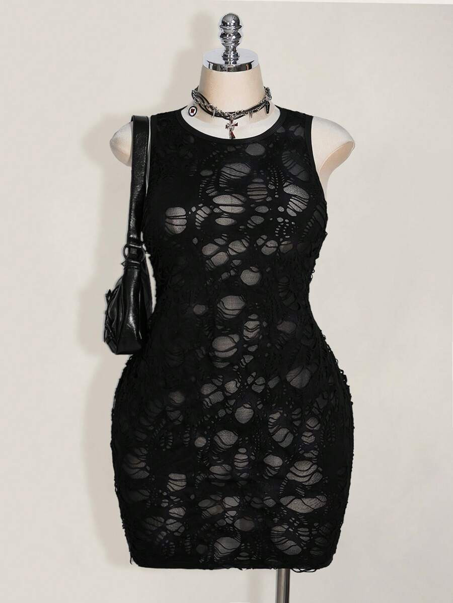 SHEIN ICON Plus Size Ripped Fabric Sleeveless Crew Neck Bodycon Mini Dress, Women's Western Style... | SHEIN