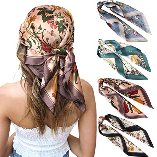 CHLINS 27 Inches Silk Feeling Square Head Scarf - 4 Pcs Satin Square Head Scarves for Women Hair Bandanas Head Kerchief Sleeping Wrap Neckerchief(Black+Grey+Coffee+Green) | Amazon (US)