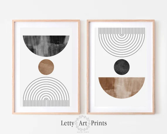 Abstract Wall Art Set Of 2, Mid Century Modern Print, Minimalist Black White Beige Prints, Neutra... | Etsy (US)