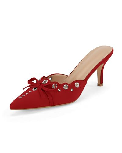 Coutgo Women's Bow Tie Mule Heels Pointed Toe Studded Backless Stilettos Slip On Dress Pump Shoes，Red, Size 9.5 | Amazon (US)