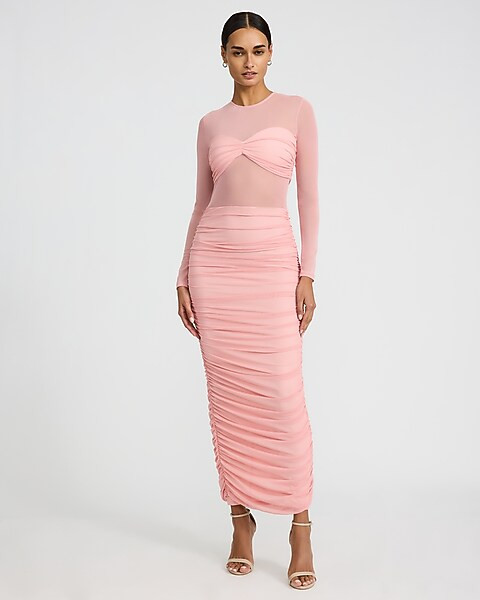 Mesh Ruched Long Sleeve Twist Front Maxi Dress | Express