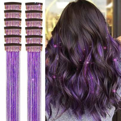 Purple Clip In Hair Tinsel 20 Inch Glitter Tinsel Hair Extensions Kit Sparkly Fairy Hair Accessories For Women Girls, Colorful Hair Tinsel Clip Ins Ex | SHEIN