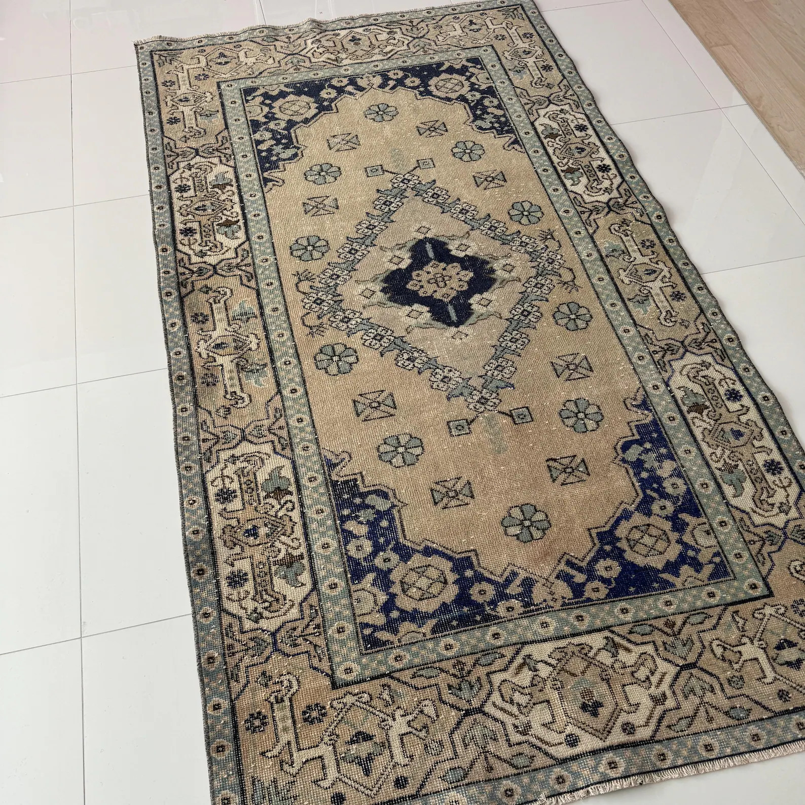 4x8 Beige Vintage Turkish Rug, Handmade Wool Carpet With Navy and Teal Accents - Etsy | Etsy (US)