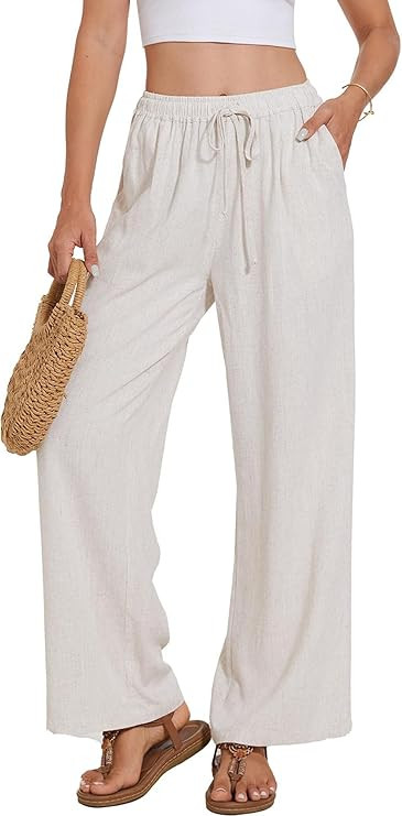 Women's Linen Pants Drawstring Wide Leg Summer Beach Pants with Pockets | Amazon (US)