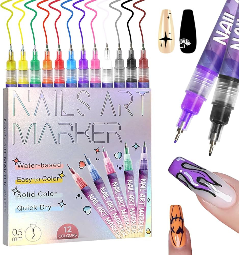 12 Color Nail Art Pens, 0.5 MM Nail Polish Pens Set Drawing Painting Point Liner Acrylic Painted ... | Amazon (US)
