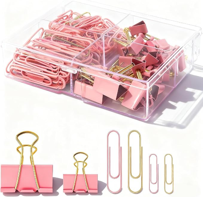180 Pcs Pastel Pink & Gold Paper Clips and Binder Clips Set Assorted Size Office Desk Supplies fo... | Amazon (US)