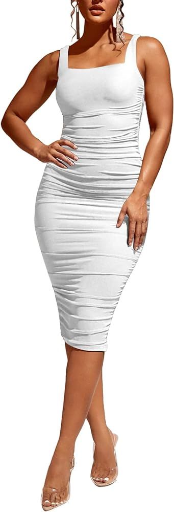 Yajedo Sexy Ruched Bodycon Dresses for Women Sleeveless Tank Midi Dress | Amazon (US)