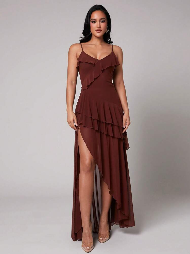 Silquee Early Spring & Summer Solid Brown Sexy, Romantic Valentine's Day & Date Dress, Elegant Women's Solid Color Asymmetric Ruffle Collar, Asymmetric Hem Spaghetti Strap Dress, Valentine's Day Dress, Party Dress, Romantic Date Dress, Bridesmaid Mini Dress, Ball Gown Dress, Casual Commuter Dress, Red Dress, Birthday Mini Dress, Holiday Outfit, Daily Vacation Wear, Suitable For Spring Break Vacation, Beach Vacation, Flowing Dress,Country | SHEIN