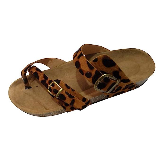 Women's Retro Leopard Print Flats Sandals,Adjustable Buckle Strap Beach Shoes Thick-Soled Cork Sl... | Amazon (US)