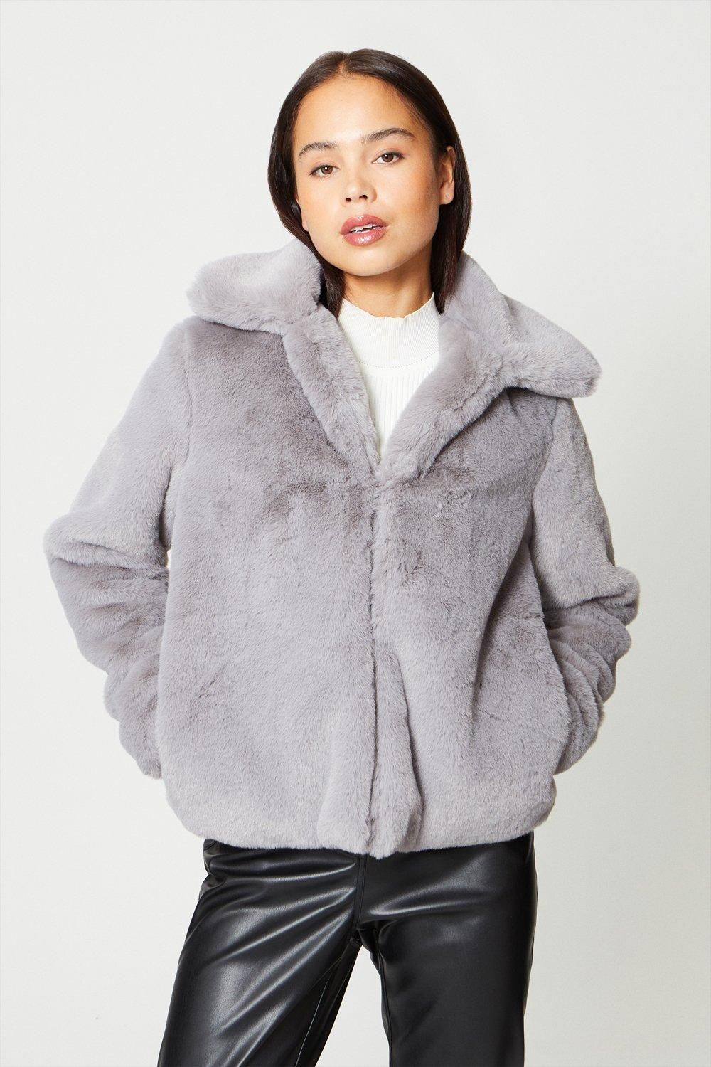 Jackets & Coats | Petite Plush Faux Fur Short Collared Coat | Oasis | Debenhams UK