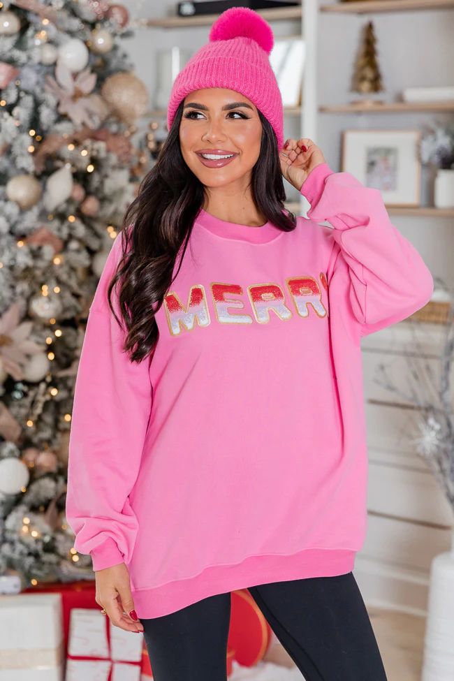 Merry Ombre Chenille Patch Pink Oversized Sweatshirt DOORBUSTER | Pink Lily