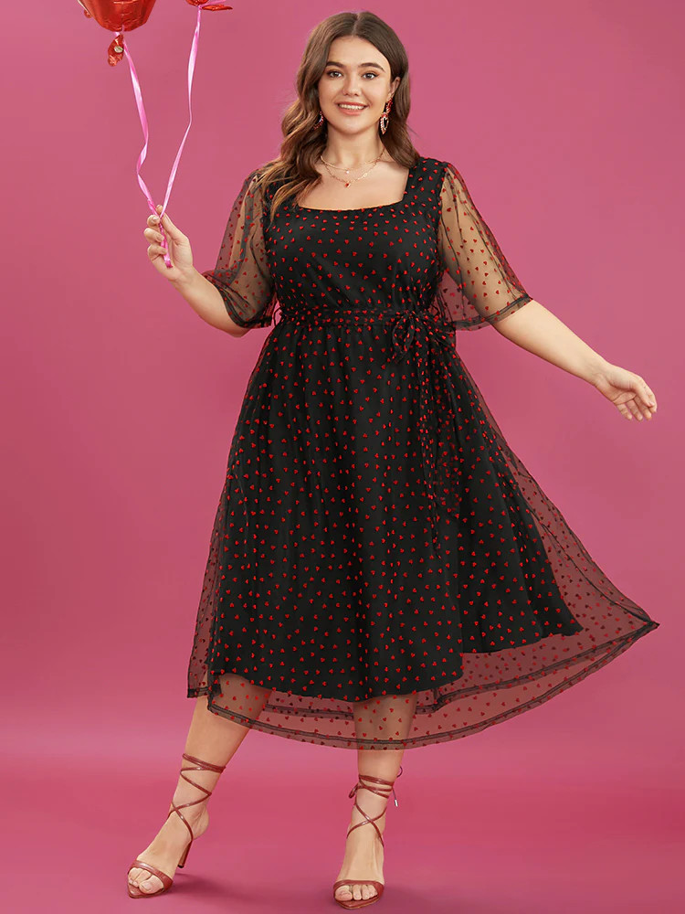 Heart Print Square Neck Pocket Mesh Belted Ruffles Dress | Bloomchic