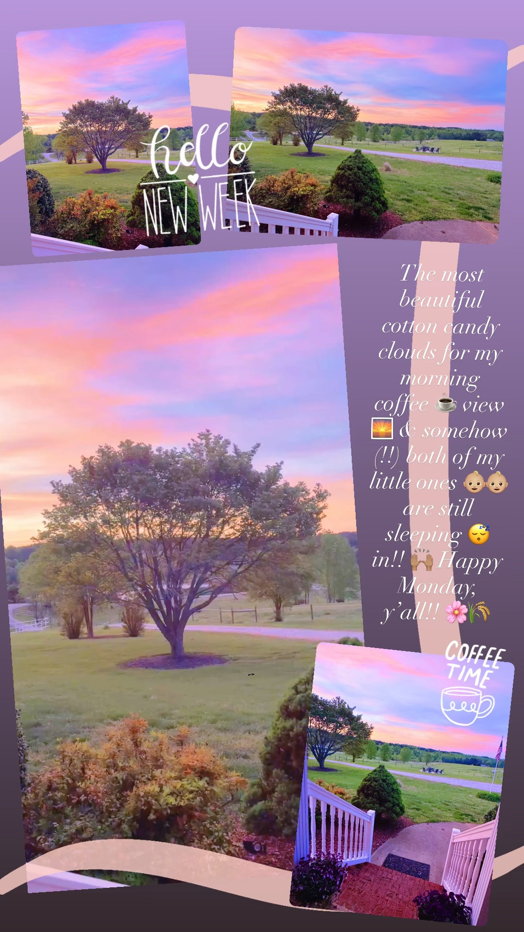 The most beautiful cotton candy clouds for my morning coffee ☕️ view 🌅 & somehow (!!) both of my little ones 👶🏼👶🏼 are still sleeping 😴 in!! 🙌🏽 Happy Monday, y’all!! 🌸🌾