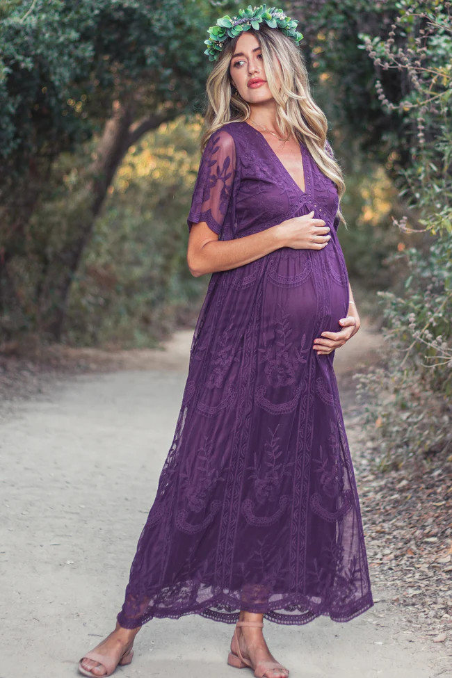 PinkBlush Plum Lace Mesh Overlay Maternity Maxi Dress | PinkBlush Maternity