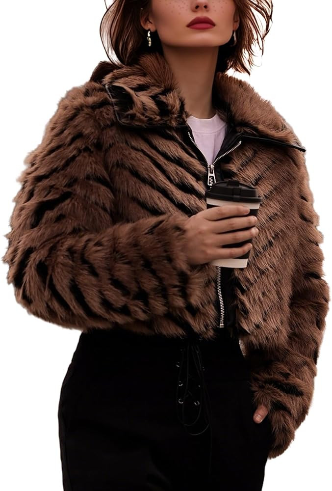 Bellivera Womens Faux Fur Leather Jacket Fleece Cropped Warm Fluffy Coat Soft Zip Outerwear | Amazon (US)