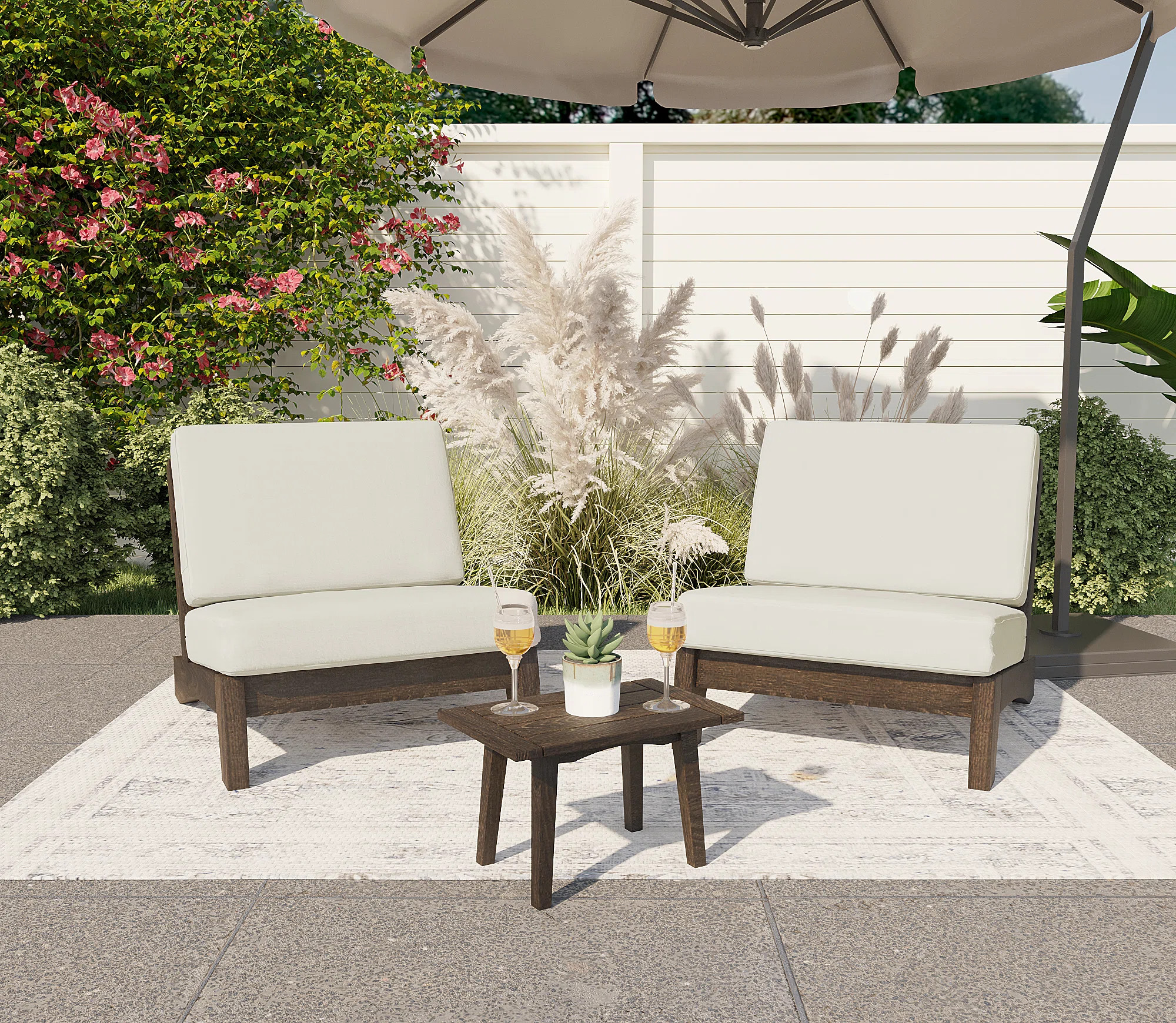 Ebern Designs Geleah Outdoor Armless Chair with Comfortable Cushions and Wooden Side Table | Wayf... | Wayfair North America