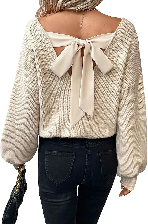 GORGLITTER Women's Bow Cable Knit Sweater Long Sleeve Backless V Neck Fall Chunky Pullover | Amazon (US)