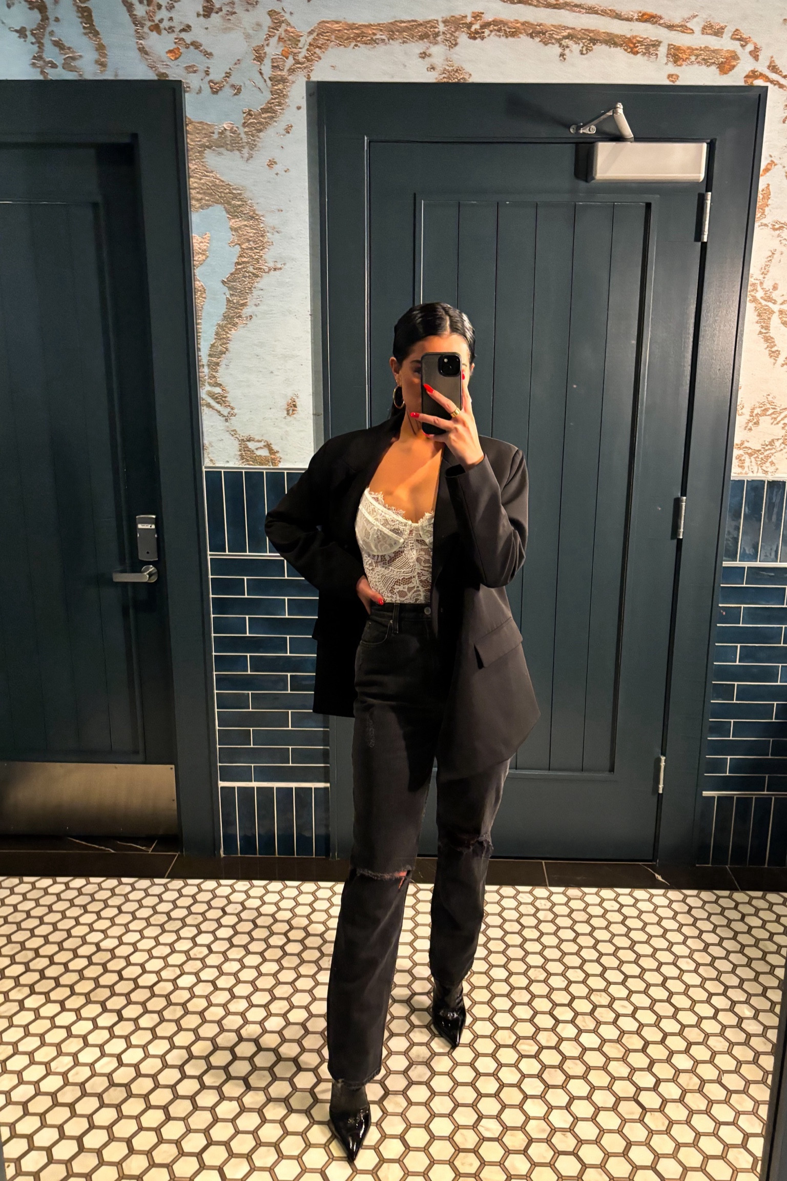 GNO
All black fit 
Revolve 
Blazer 
This bodysuit is always sold out or back ordered but it’s worth the wait;Linked my exact bodysuit in black 😍