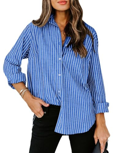 siliteelon Womens Button Down Shirts Cotton Striped Dress Shirt Long Sleeve Collared Office Work ... | Amazon (US)