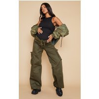 Maternity Khaki Ruched Side Straight Leg Cargos | PrettyLittleThing IE