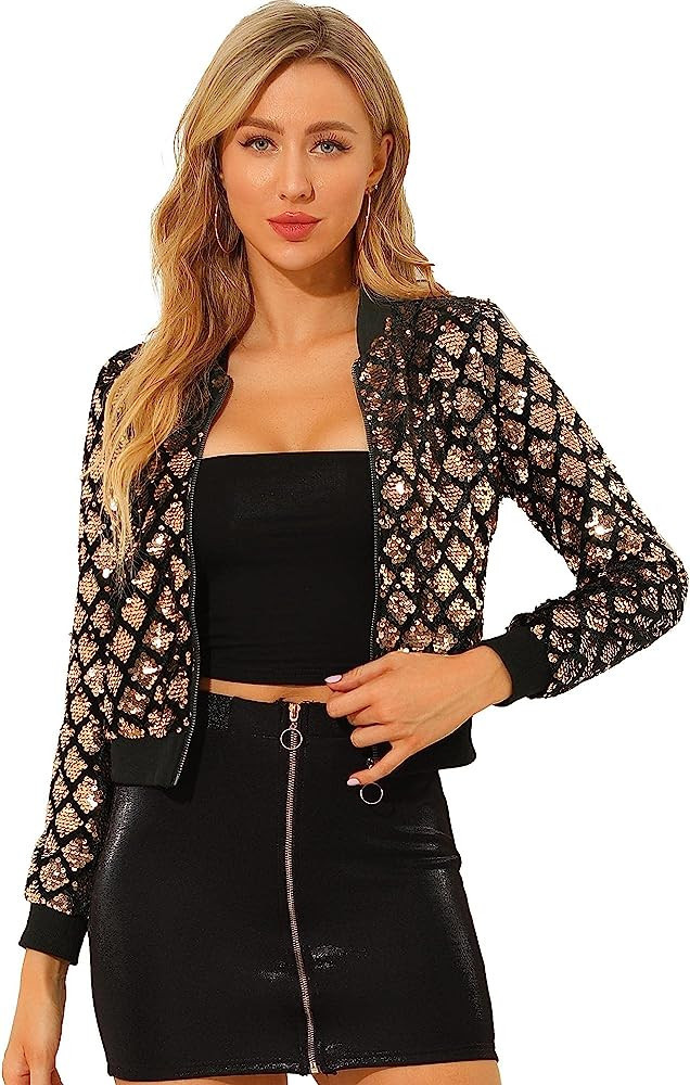 Allegra K Women's Sequin Long Sleeve Zipper Up Glitter Bomber Jacket | Amazon (US)