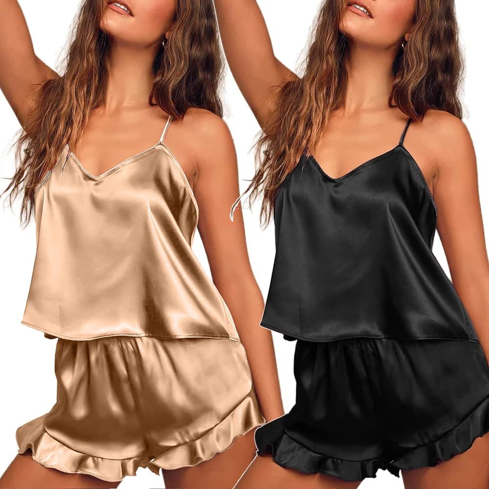 Ekouaer 2 Pack Silk Pajamas Set Women Satin Camisole Lingerie Pjs V Neck Top and Ruffle Shorts Sl... | Amazon (US)