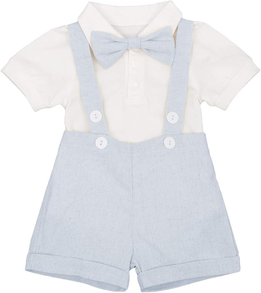 IDOPIP Baby Boys Formal Suit Set Short Sleeve Romper Suspenders Shorts Pants Bowtie Wedding Tuxed... | Amazon (US)