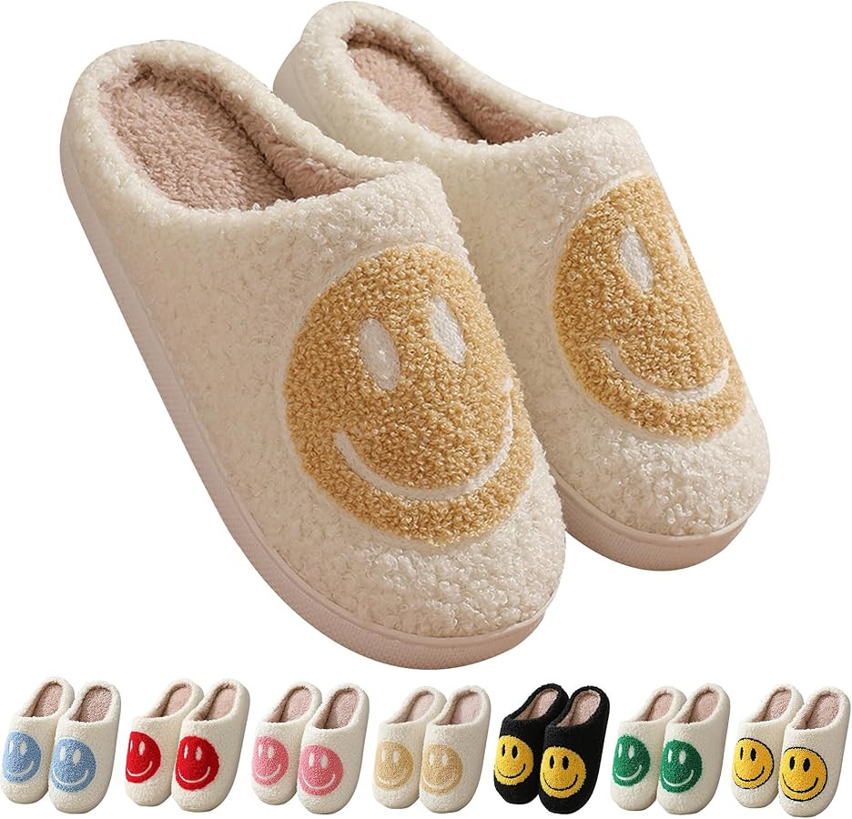 Happy Face Slippers Retro Cozy Comfy Plush Warm Slip-on Slippers Winter Soft Fuzzy Indoor House S... | Amazon (US)