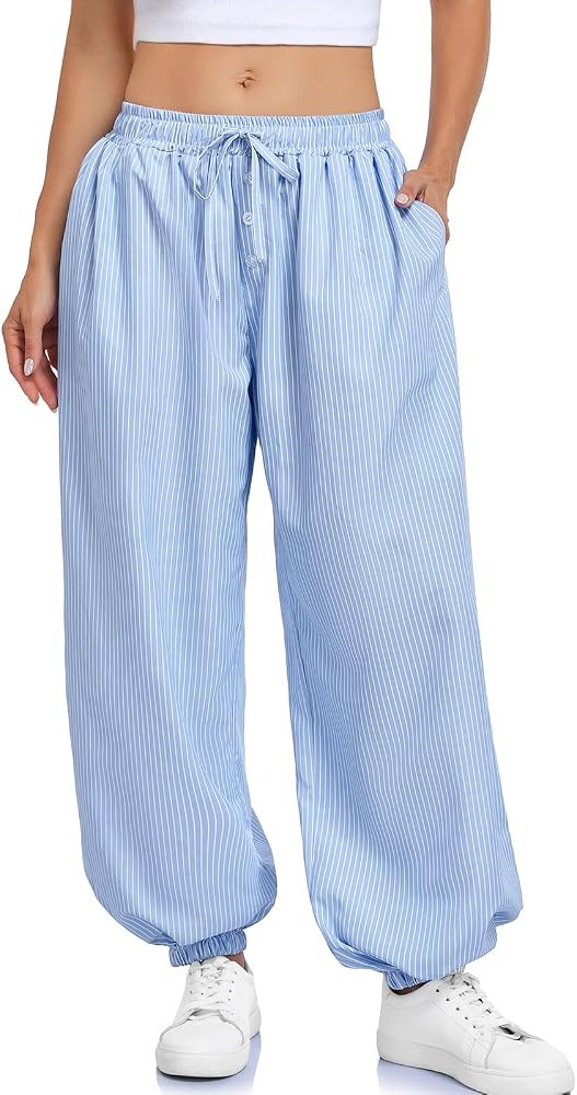 Womens Baggy Balloon Barrel Striped Wide Leg Harem Pants Summer Drawstring Trousers with Pockets ... | Amazon (US)